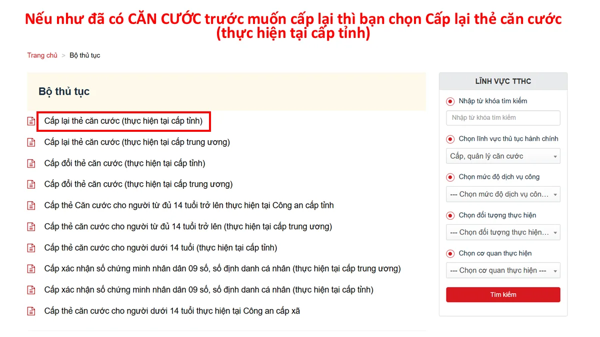 Nếu như đã có CĂN CƯỚC trước muốn cấp lại thì bạn chọn Cấp lại thẻ căn cước (thực hiện tại cấp tỉnh)