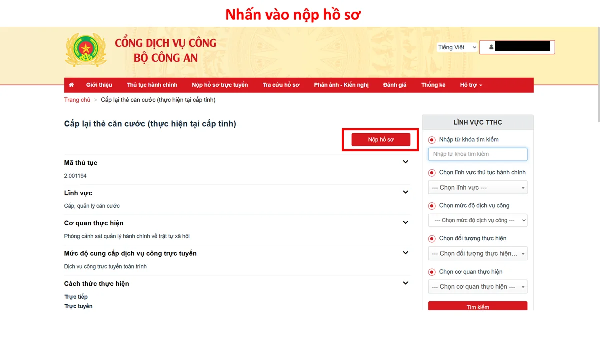 Nhấn vào nộp hồ sơ