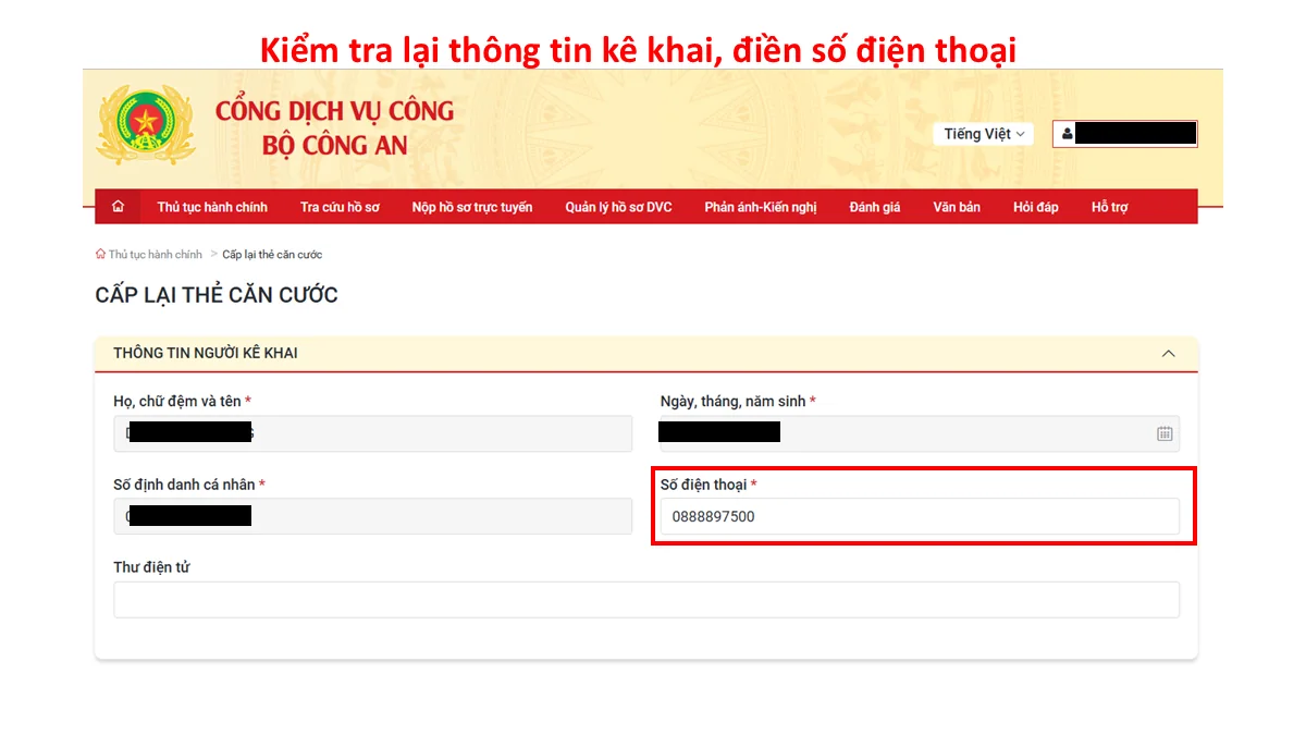 Kiểm tra lại thông tin kê khai, điền số điện thoại