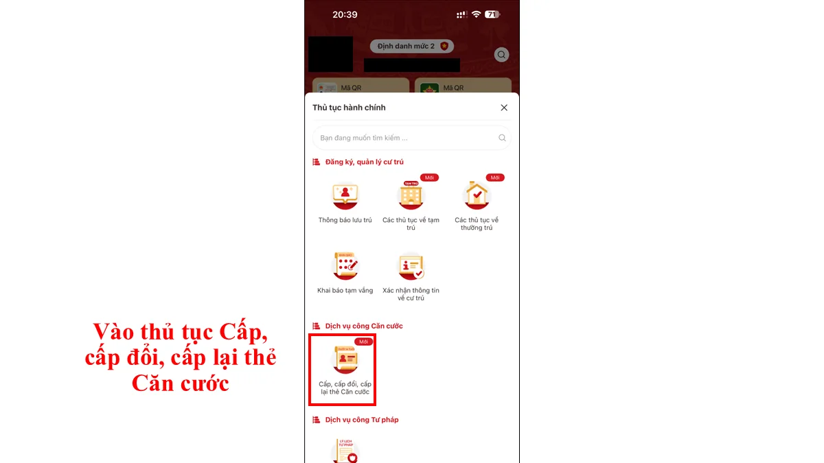 Vào thủ tục Cấp, cấp đổi, cấp lại thẻ Căn cước