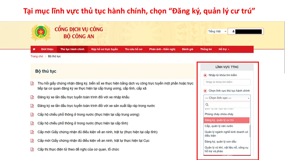 Tại mục lĩnh vực thủ tục hành chính, chọn “Đăng ký, quản lý cư trú”
