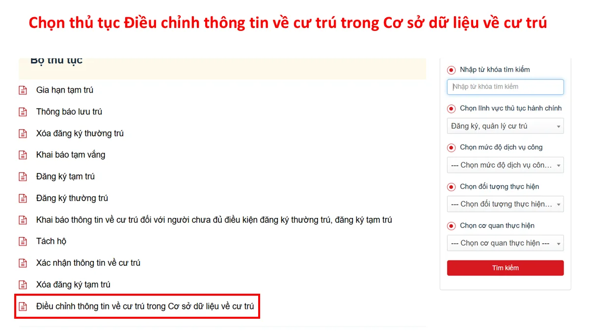 Chọn thủ tục Điều chỉnh thông tin về cư trú trong Cơ sở dữ liệu về cư trú