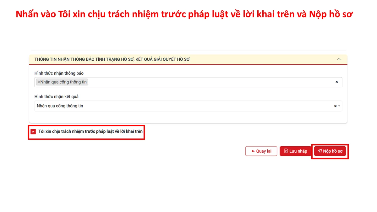 Nhấn vào Tôi xin chịu trách nhiệm trước pháp luật về lời khai trên và Nộp hồ sơ