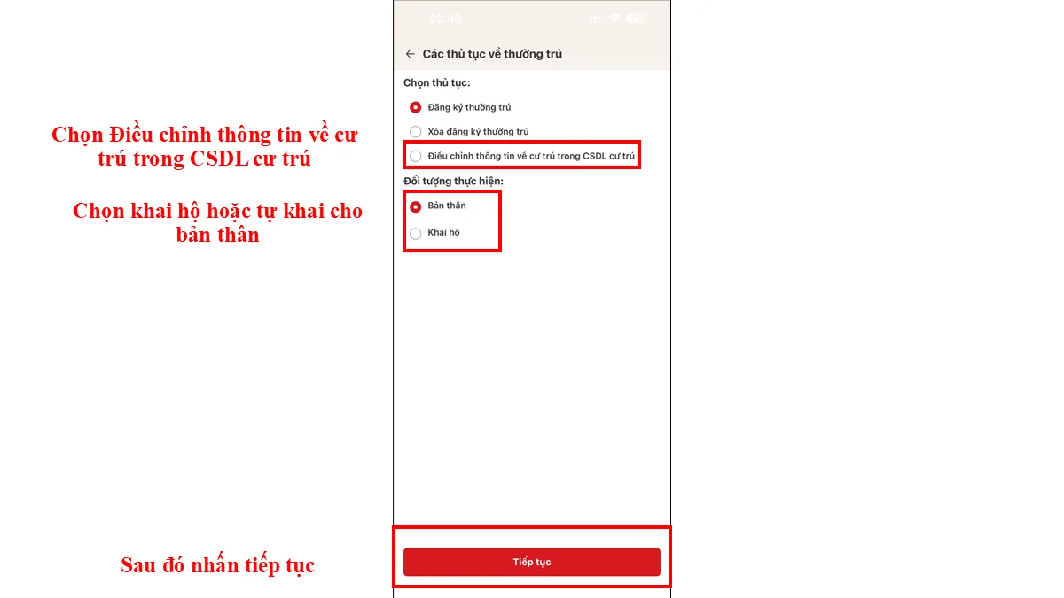 Chọn Điều chỉnh thông tin về cư trú trong CSDL cư trú
