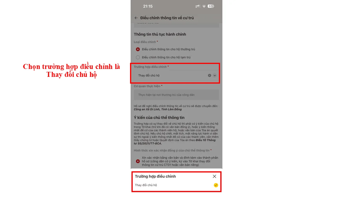 Chọn trường hợp điều chỉnh là Thay đổi chủ hộ