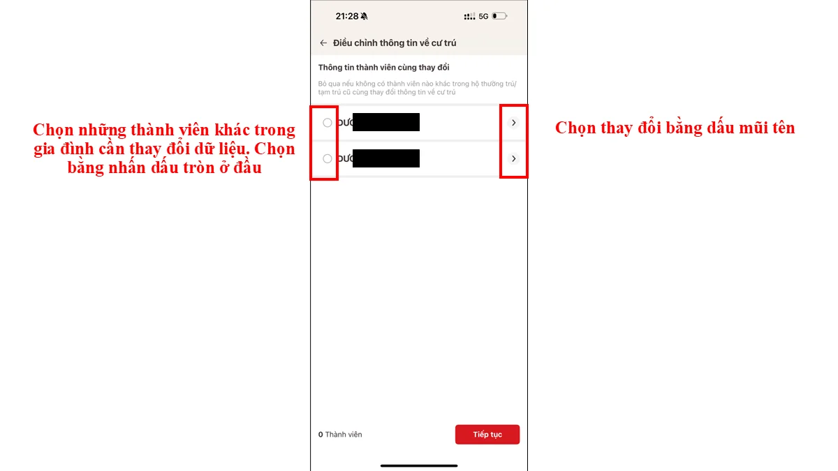 Chọn những thành viên khác trong gia đình cần thay đổi dữ liệu. Chọn bằng nhấn dấu tròn ở đầu