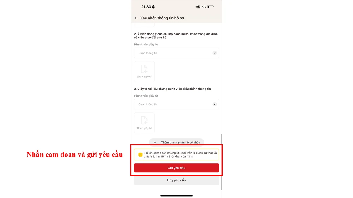 Nhấn cam đoan và gửi yêu cầu