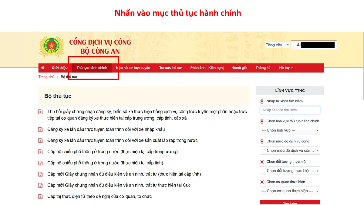 Nhấn vào mục thủ tục hành chính