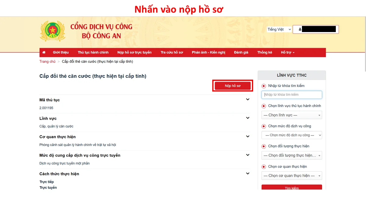 Nhấn vào nộp hồ sơ