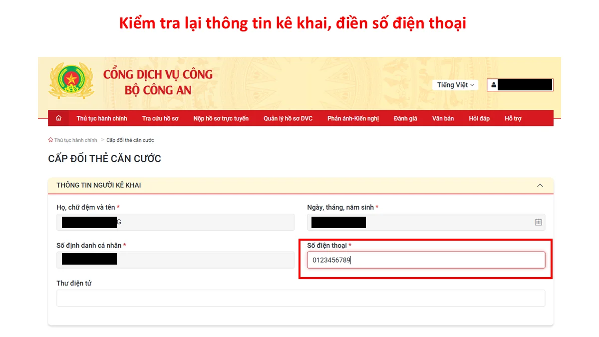 Kiểm tra lại thông tin kê khai, điền số điện thoại