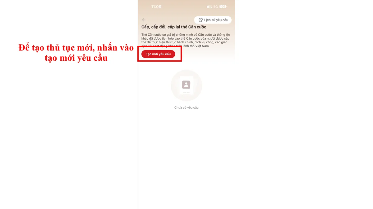 Để tạo thủ tục mới, nhấn vào tạo mới yêu cầu