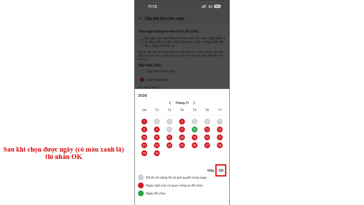 Sau khi chọn được ngày (có màu xanh lá) thì nhấn OK