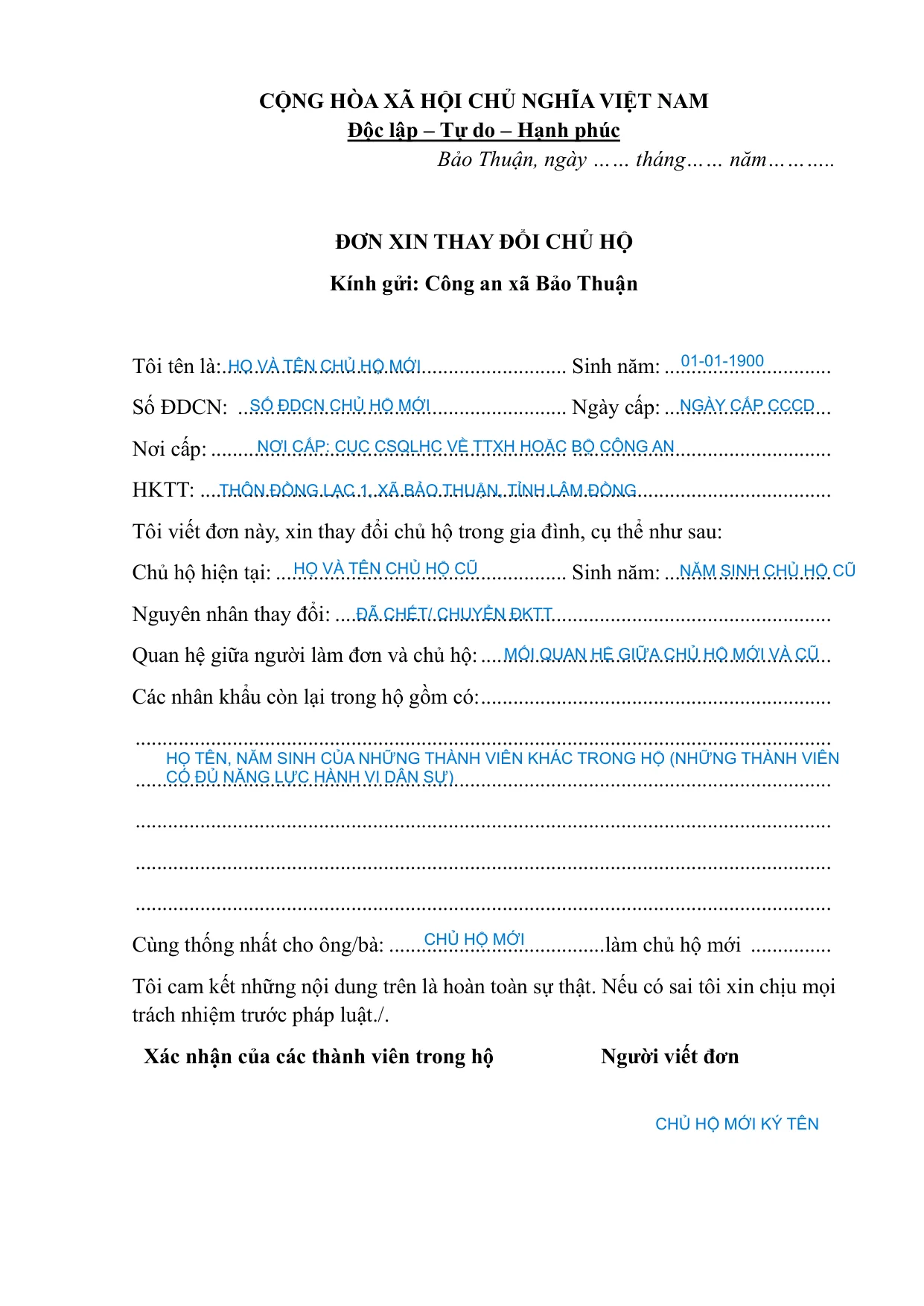 Ví dụ điền Đơn xin thay đổi chủ hộ