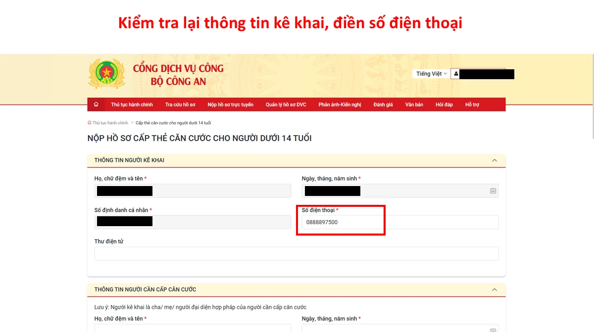 Kiểm tra lại thông tin kê khai, điền số điện thoại