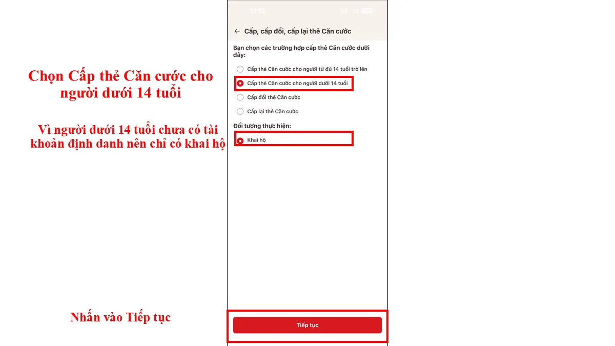 Vì người dưới 14 tuổi chưa có tài khoản định danh nên chỉ có khai hộ