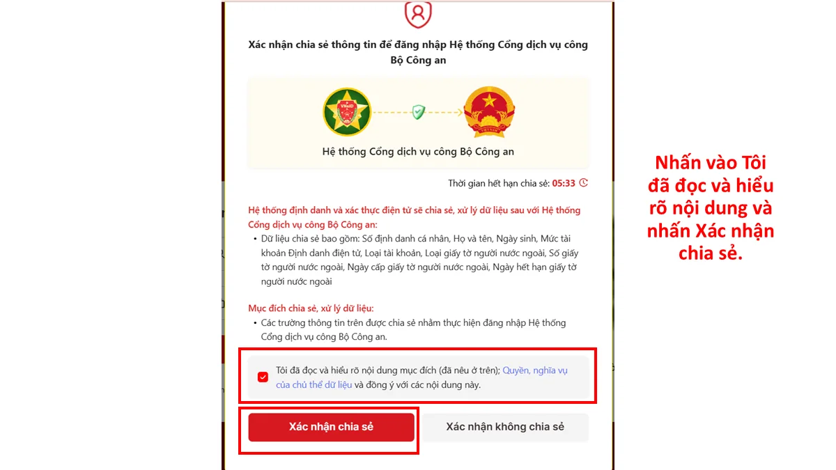 Nhấn vào Tôi đã đọc và hiểu rõ nội dung và nhấn Xác nhận chia sẻ.