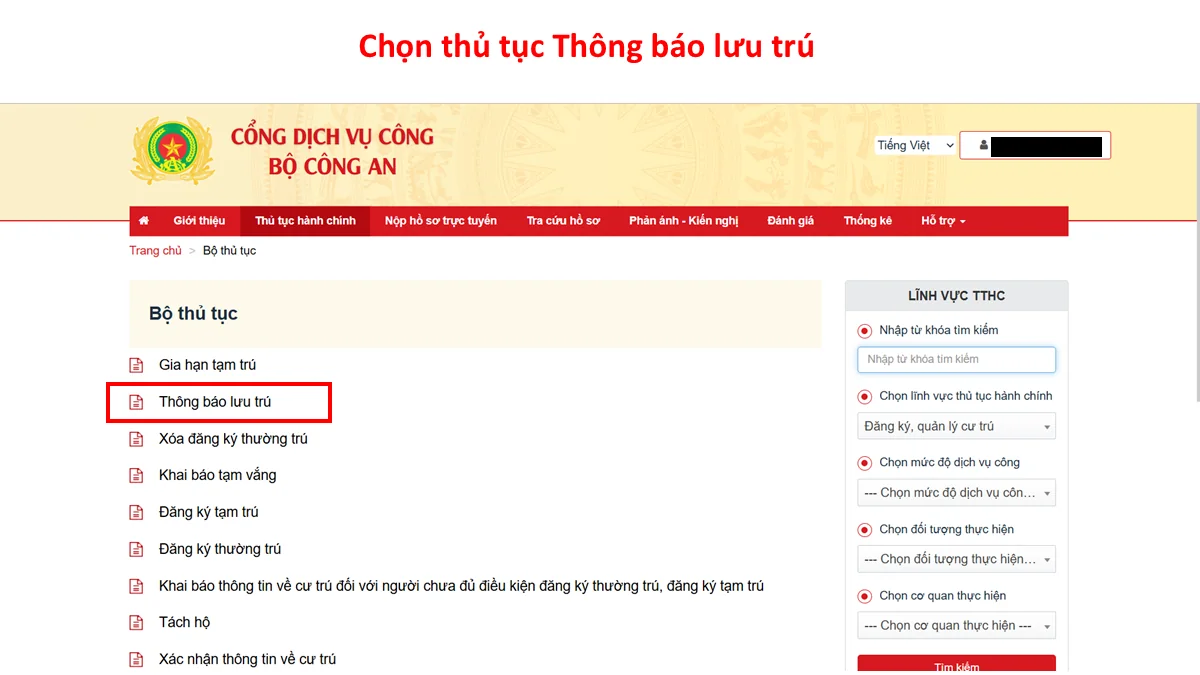 Chọn thủ tục Thông báo lưu trú
