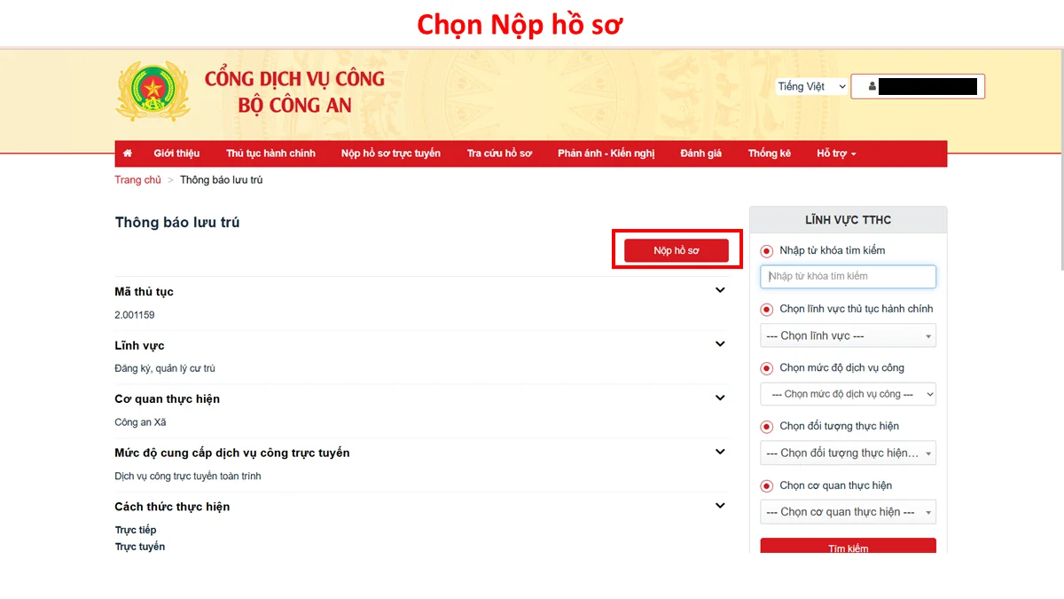 Chọn Nộp hồ sơ