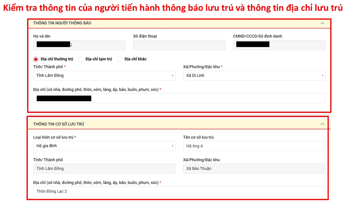 Kiểm tra thông tin của người tiến hành thông báo lưu trú và thông tin địa chỉ lưu trú