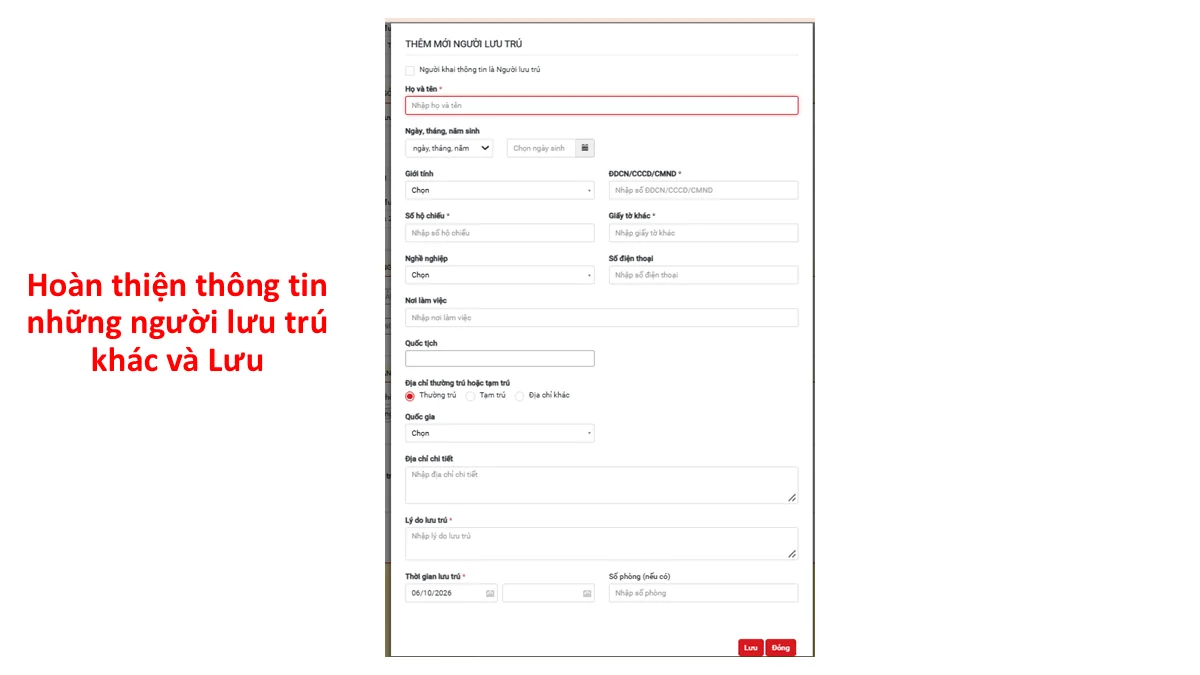 Hoàn thiện thông tin những người lưu trú khác và Lưu