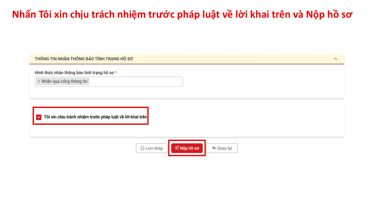 Nhấn Tôi xin chịu trách nhiệm trước pháp luật về lời khai trên và Nộp hồ sơ