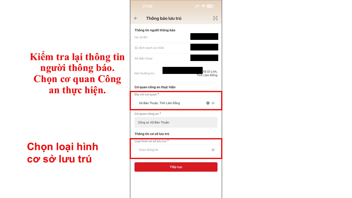 Kiểm tra lại thông tin người thông báo. Chọn cơ quan Công an thực hiện.