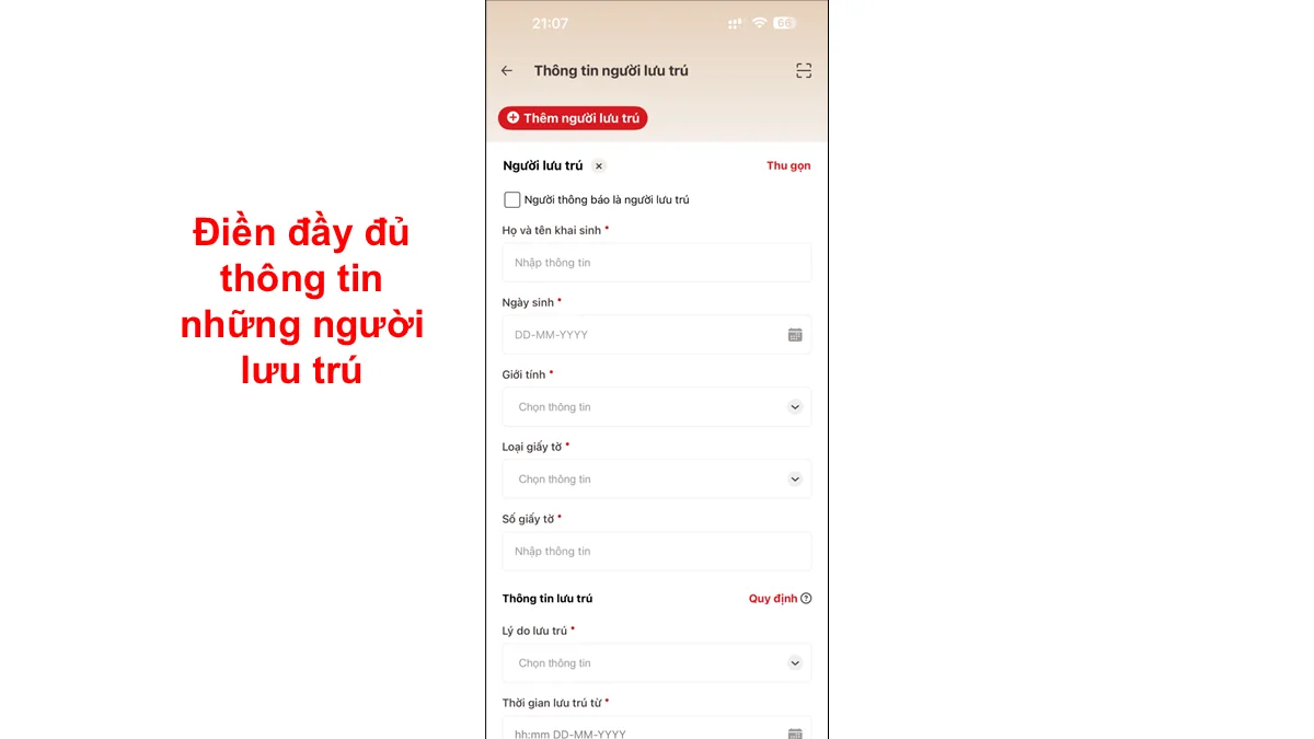Điền đầy đủ thông tin những người lưu trú