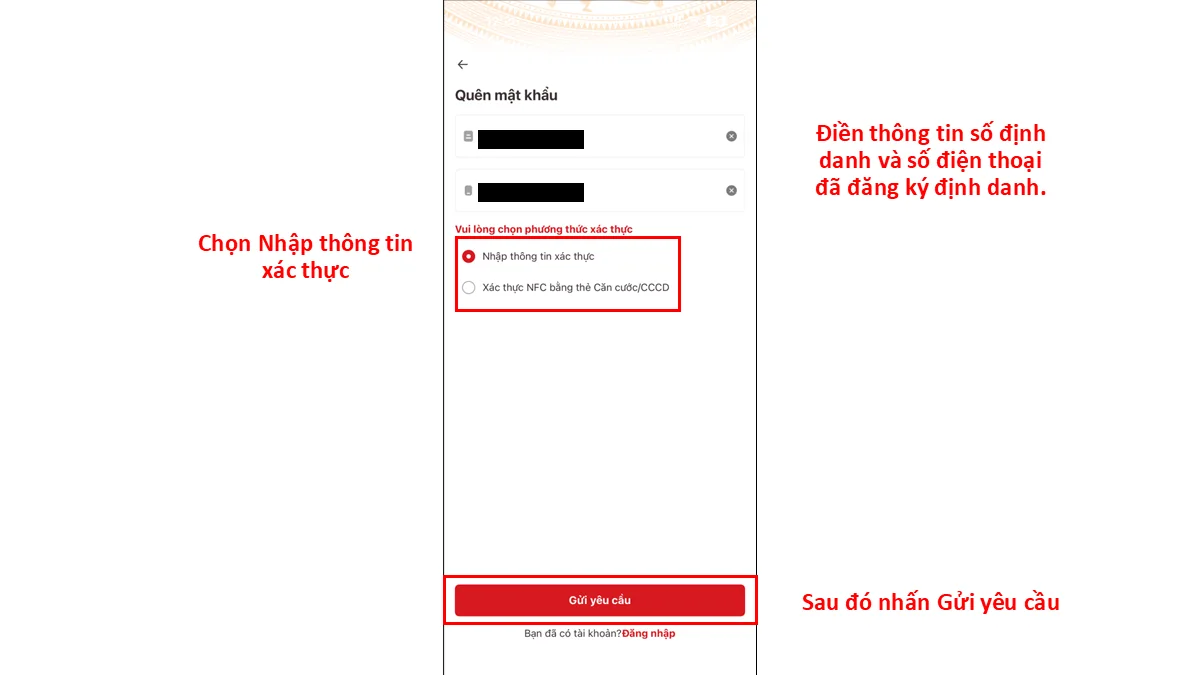 Điền thông tin số định danh và số điện thoại đã đăng ký định danh.