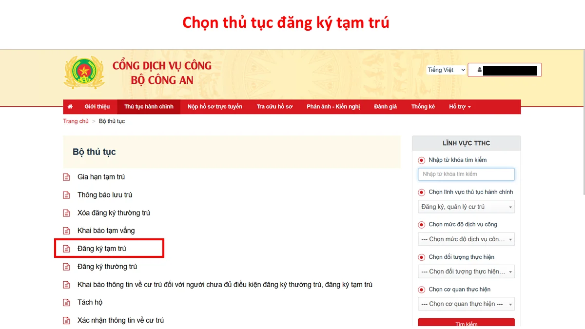 Chọn thủ tục đăng ký tạm trú