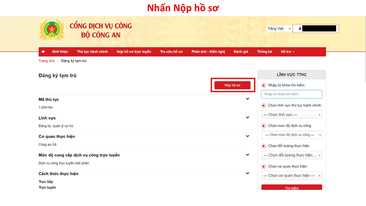Nhấn Nộp hồ sơ