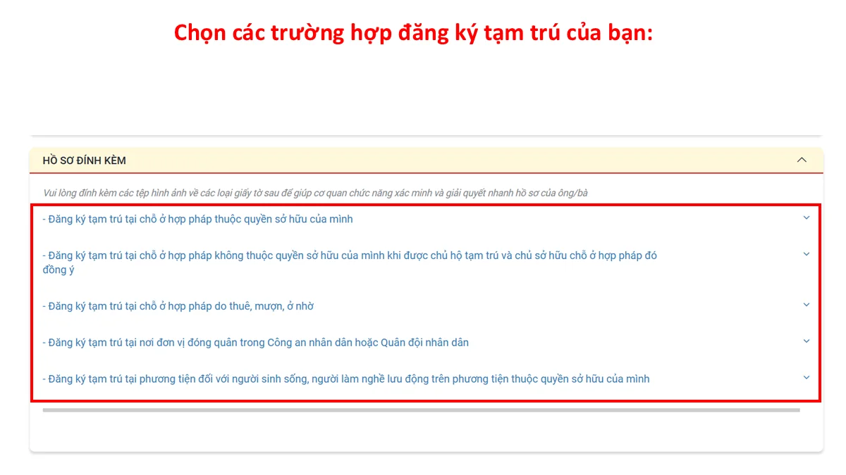 Chọn các trường hợp đăng ký tạm trú của bạn: