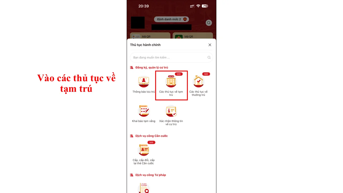 Vào các thủ tục về tạm trú