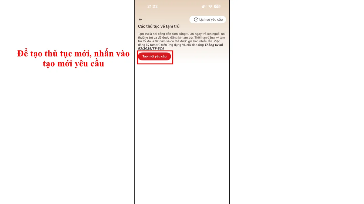 Để tạo thủ tục mới, nhấn vào tạo mới yêu cầu