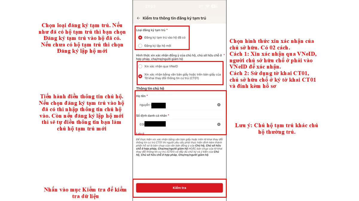 Chọn loại đăng ký tạm trú. Nếu như đã có hộ tạm trú thì bạn chọn Đăng ký tạm trú vào hộ đã có. Nếu chưa có hộ tạm trú thì chọn Đăng ký lập hộ mới