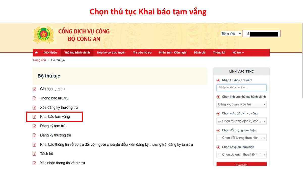 Chọn thủ tục Khai báo tạm vắng