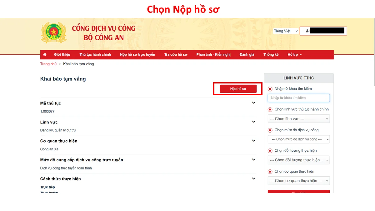 Chọn Nộp hồ sơ