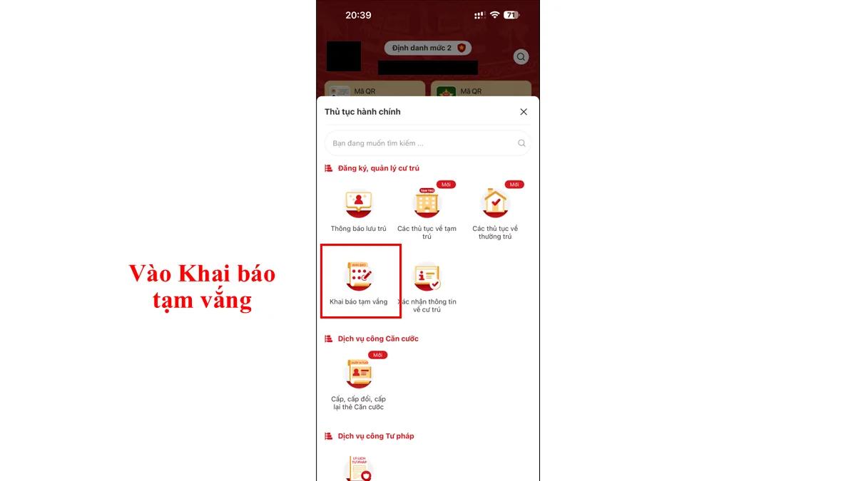 Vào Khai báo tạm vắng
