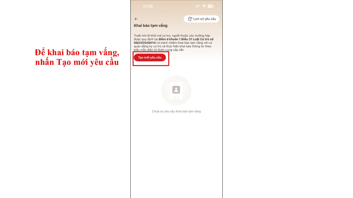 Để khai báo tạm vắng, nhấn Tạo mới yêu cầu