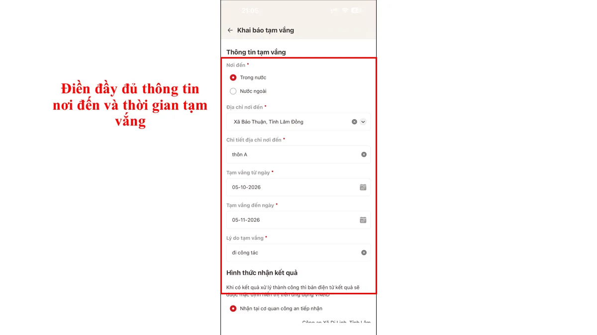 Điền đầy đủ thông tin nơi đến và thời gian tạm vắng
