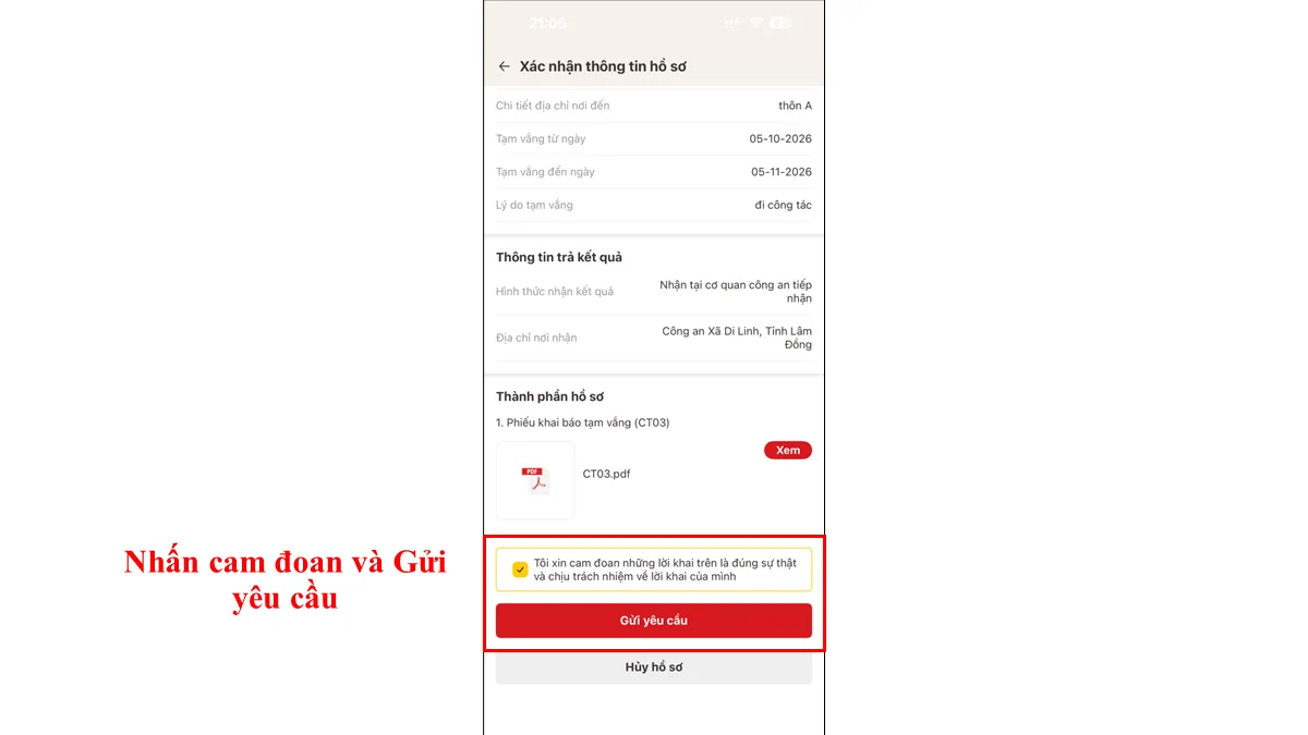 Nhấn cam đoan và Gửi yêu cầu