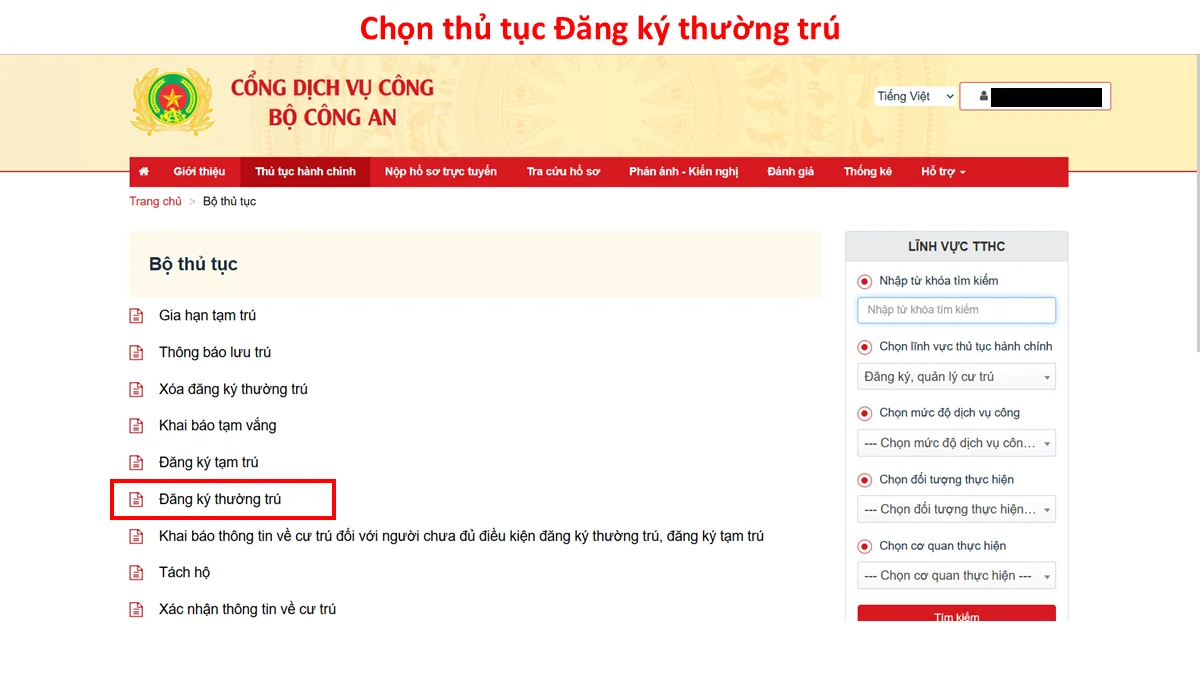 Chọn thủ tục Đăng ký thường trú
