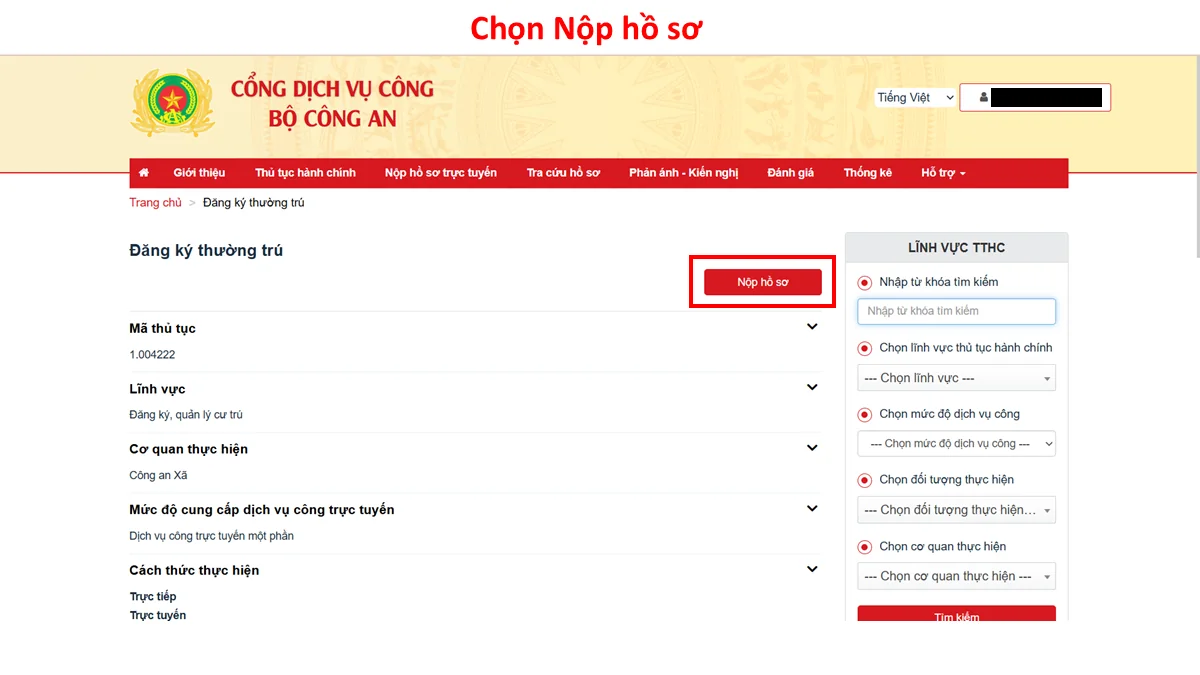 Chọn Nộp hồ sơ