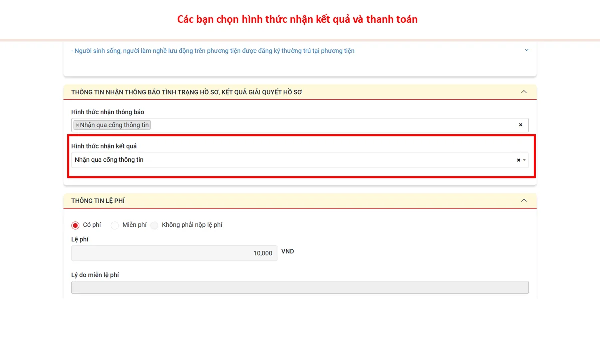 Các bạn chọn hình thức nhận kết quả và thanh toán