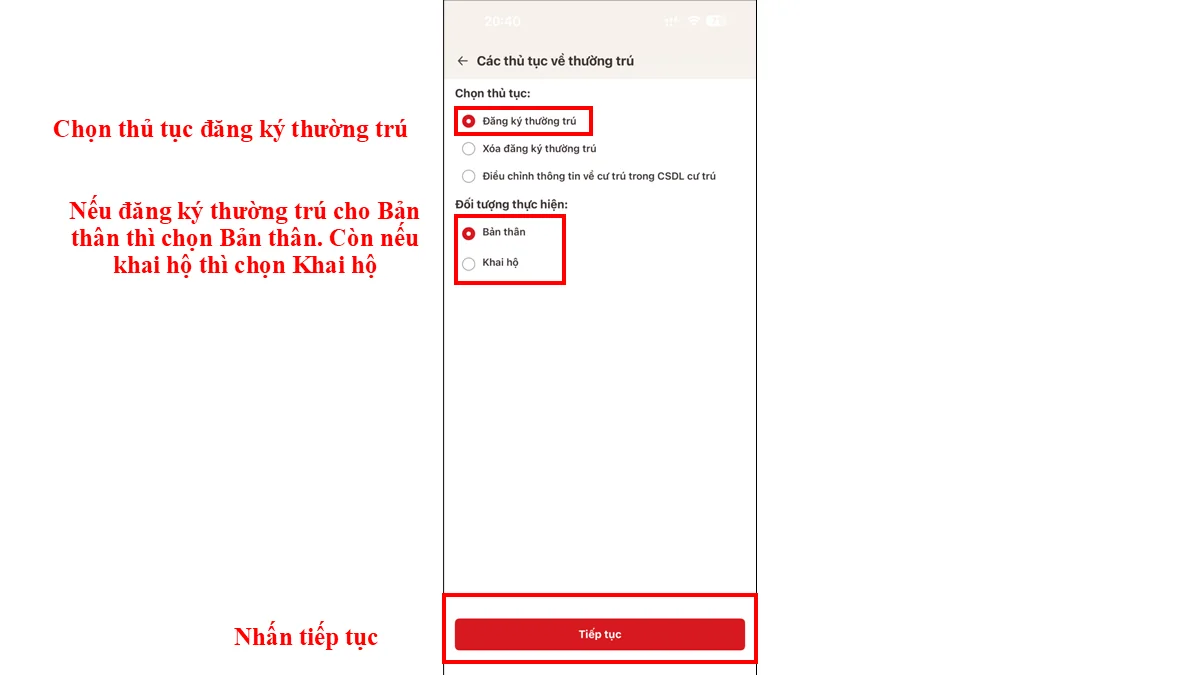 Chọn thủ tục đăng ký thường trú