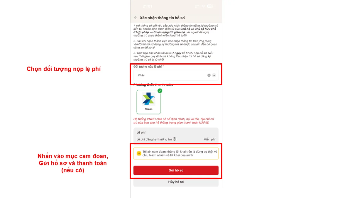 Nhấn vào mục cam đoan, Gửi hồ sơ và thanh toán (nếu có)