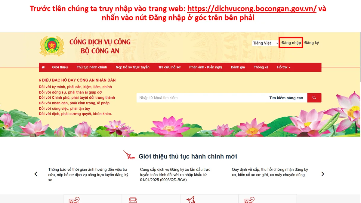 Trước tiên chúng ta truy nhập vào trang web: https://dichvucong.bocongan.gov.vn/ và nhấn vào nút Đăng nhập ở góc trên bên phải
