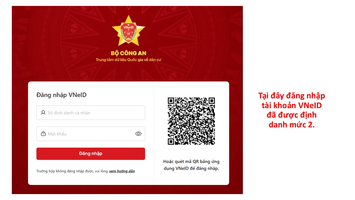 Tại đây đăng nhập tài khoản VNeID đã được định danh mức 2.