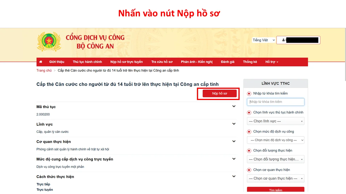 Nhấn vào nút Nộp hồ sơ