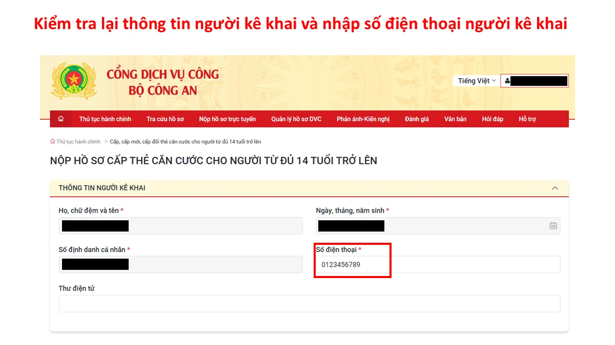 Kiểm tra lại thông tin người kê khai và nhập số điện thoại người kê khai