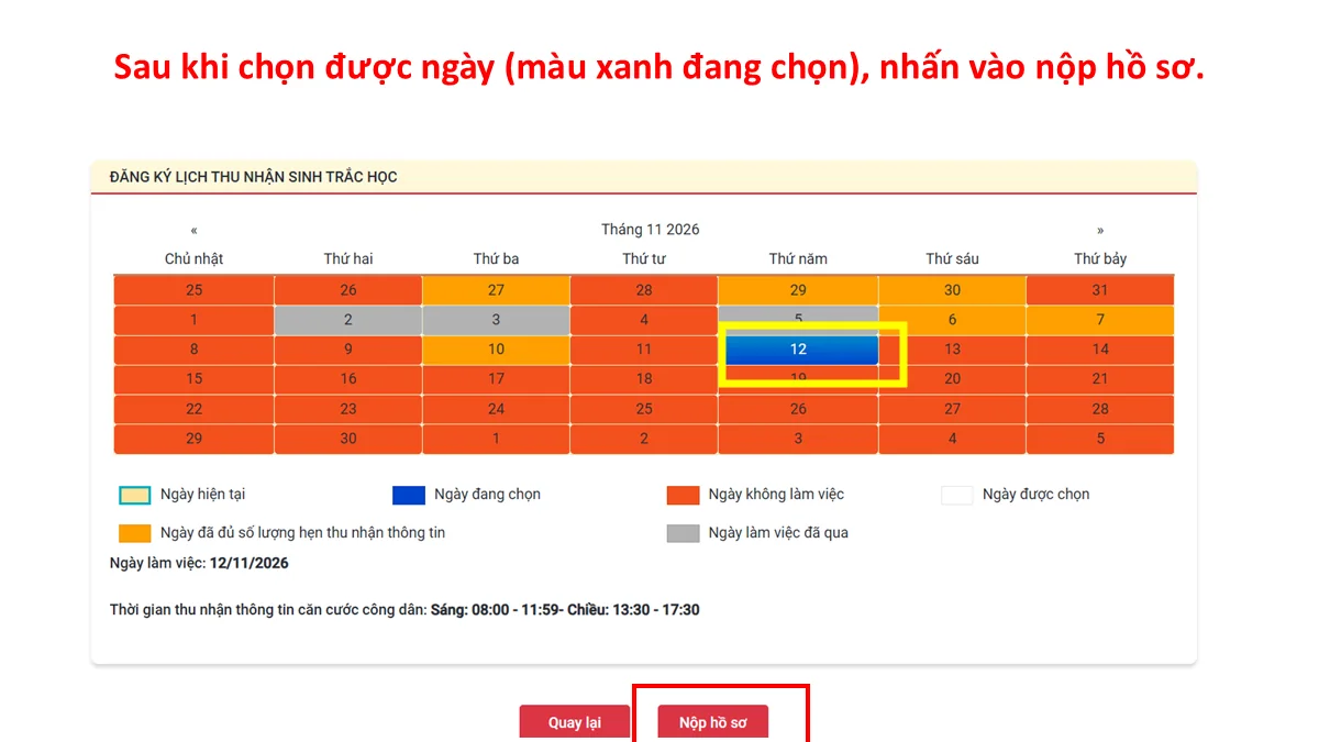 Sau khi chọn được ngày (màu xanh đang chọn), nhấn vào nộp hồ sơ.